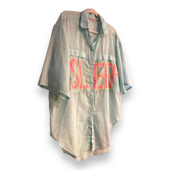 Vintage 80s ESleep Blue Pink Intimates Button Down Night Sleep Shirt Size Medium - Picture 16 of 16